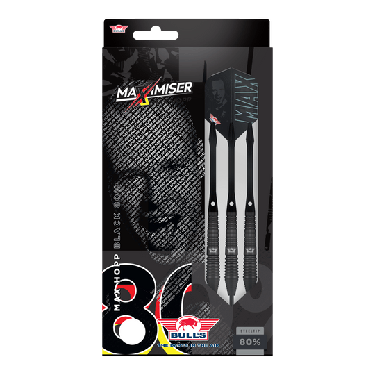 Darty Bulls NL Max Hopp Black Steel Auf dem Bild sind Bulls NL Max Hopp Black Steeldarts zu erkennen. Die Darts werden einzeln und detailliert gezeigt.