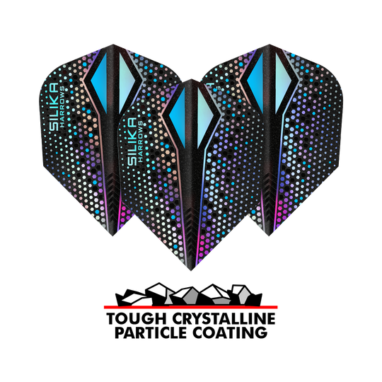 Harrows Silika Colorshift Twarda powłoka krystaliczna Silver-X No6 Loty Das Bild zeigt drei Harrows Silika Colourshift Tough Crystalline Coating Silver-X No6 Flights. Unten im Bild steht "TOUGH CRYSTALLINE PARTICLE COATING" mit einer Grafik von Kristallen.