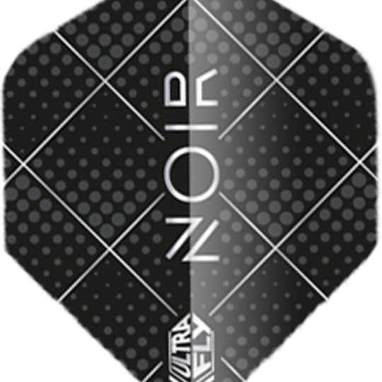 68789-Noir-Dot Das Bild zeigt ein Dart-Flügel-Design in Schwarz mit grauen Punkten und weißen diagonalen Linien. In der Mitte steht das Wort "NOIR" und unten ist das Logo "ULTRA FLY" zu sehen.