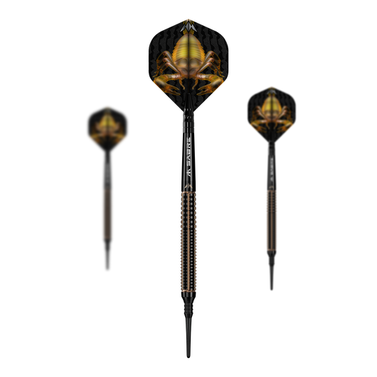 Das Bild zeigt drei Softdarts des Produkts "Mission Scorpion Softdarts - 19g". Die Flights der Darts sind schwarz mit einem auffälligen gelben Skorpion-Motiv gestaltet.
