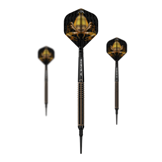 Miękkie lotki Mission Scorpion - 19g Das Bild zeigt drei Softdarts des Produkts "Mission Scorpion Softdarts - 19g". Die Flights der Darts sind schwarz mit einem auffälligen gelben Skorpion-Motiv gestaltet.