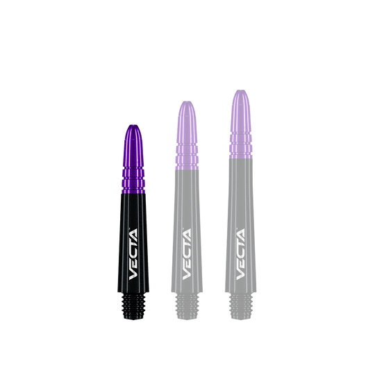 Das Bild zeigt drei Dartschäfte in Schwarz und Lila mit der Aufschrift "Vecta". Sie stehen nebeneinander und haben unterschiedliche Längen.