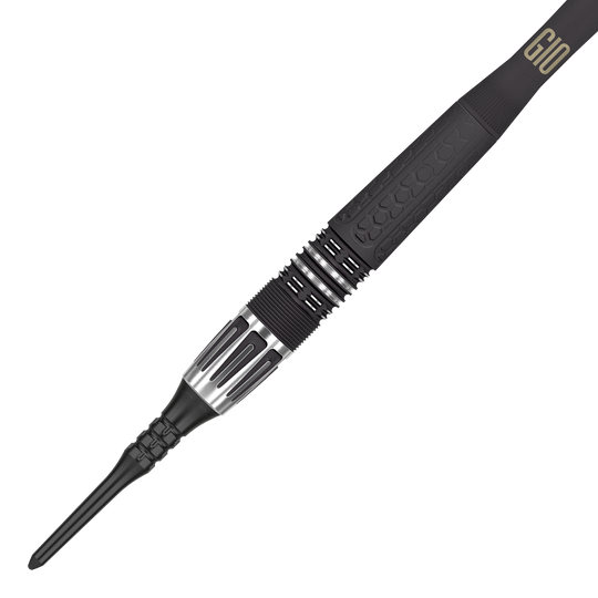 Miękkie lotki Target Phil Taylor Power 9Five GEN10 Das Bild zeigt einen modernen Softdartpfeil mit schwarzem und silbernem Design. Auf dem Griffstück steht die Aufschrift "G10".