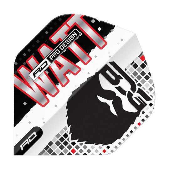 Red Dragon Hardcore Jason Watt BDG Premium No2 Standard Flights Das Bild zeigt das Produkt "Red Dragon Hardcore Jason Watt BDG Premium No2 Standard Flights". Auf dem Flight sind der Name "WATT", ein stilisiertes Gesicht und das Logo "RD" zu sehen.