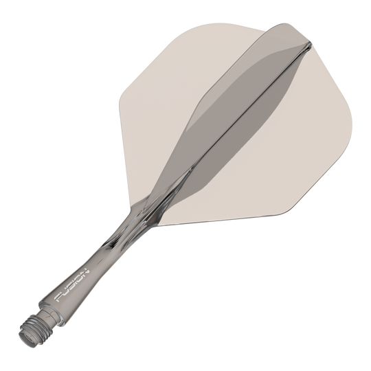 System wałów lotniczych Winmau Fusion Standard Smokey Das Bild zeigt einen transparenten Dart-Schaft mit montiertem Flight. Der Schaft hat eine rauchgraue Farbe und die Aufschrift "Fusion" ist darauf zu sehen.