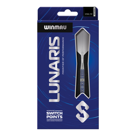 Das Bild zeigt die Winmau Lunaris Parallel Switch Point Steeldarts. Die Darts liegen nebeneinander und sind deutlich zu erkennen.