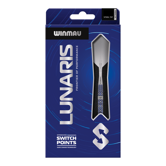 Winmau Lunaris Parallel Switch Point Steeldarts Das Bild zeigt die Winmau Lunaris Parallel Switch Point Steeldarts. Die Darts liegen nebeneinander und sind deutlich zu erkennen.