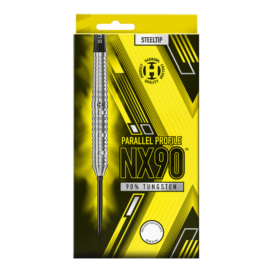 Das Bild präsentiert die Harrows NX90 Parallel Quick Point Steeldarts. Das Produkt ist für den Einsatz beim Steeldart geeignet.