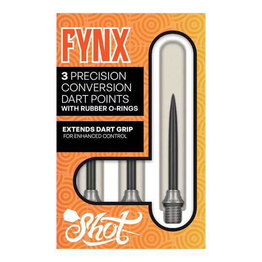 Punkty konwersji Shot Fynx - 32 mm Das Foto zeigt die Shot Fynx Conversion Points, 32 mm lang. Diese Dartspitzen ermöglichen ein einfaches Umwechseln der Pointen.