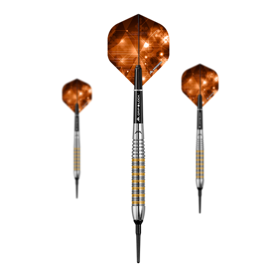Das Bild zeigt drei Softdarts des Modells "Mission Ardent Model 2" mit einem Gewicht von 18g. Die Flights haben ein auffälliges, orange-braunes Muster mit geometrischen Formen.