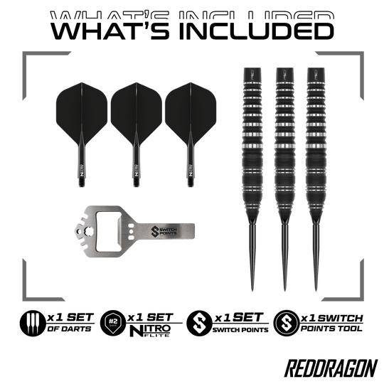Rzutki stalowe Red Dragon Sable Torpedo Switch Point Hier sind Red Dragon Sable Torpedo Switch Point Steeldarts zu sehen. Diese Darts zeichnen sich durch ihre Torpedo-Form aus.