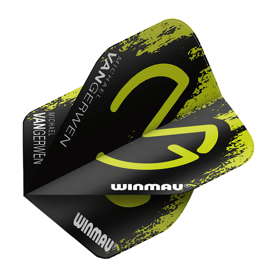 6900-234_Winmau_Mega_MvG_Green_Black_Standard_Flights_2 Winmau Mega MvG Green Black Standard Flights sind grafisch gestaltet. Die Flights liegen nebeneinander.