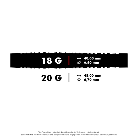 Miękkie lotki Harrows NX90 Black Edition Das Bild zeigt zwei Dart-Gewichte und ihre Maße. Die 18g-Darts haben einen Durchmesser von 6,5 mm, die 20g-Darts von 6,7 mm, beide sind 48 mm lang.