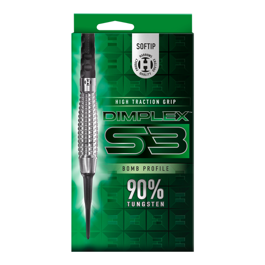 Miękkie lotki Harrows Dimplex S3 Bomb Das Bild zeigt eine Verpackung der "Harrows Dimplex S3 Bomb Softdarts". Auf der Verpackung steht, dass die Darts eine hohe Grifftraktion haben und aus 90% Wolfram bestehen.