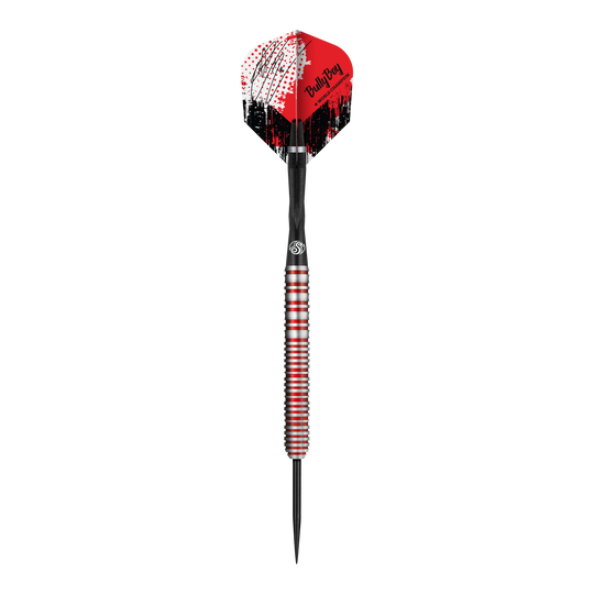 Der abgebildete Dartpfeil ist der "Shot Michael Smith Bully Boy Game Day Steeldart". Er hat ein auffälliges Design mit roten, schwarzen und weißen Farben am Flight und einem silbernen Schaft mit roten Streifen.