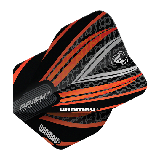 Winmau Prism Delta Czarno-Biało-Pomarańczowy Nr 2 Standardowe Loty Das Bild zeigt ein Winmau Prism Delta Flight in den Farben Schwarz, Weiß und Orange. Das Flight hat ein modernes, auffälliges Muster mit dem Winmau-Logo und Schriftzug.