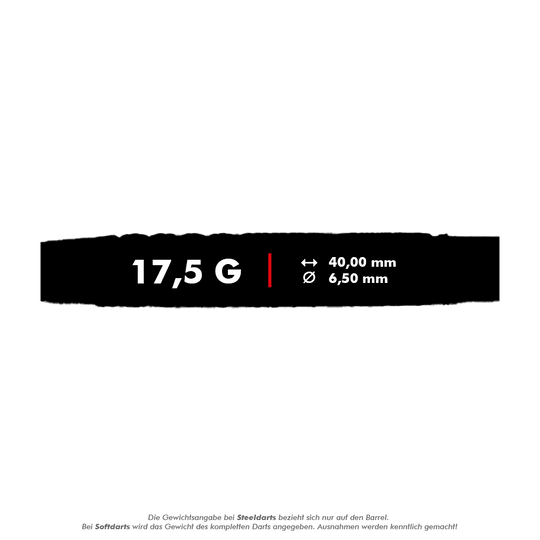 Lotki McDart 85 Tungsten V10 Soft Darts - 17,5 g Das Bild zeigt die technischen Daten des Produkts „McDart 85er Tungsten V10 Softdarts - 17,5g“. Der Dart wiegt 17,5 Gramm, ist 40,00 mm lang und hat einen Durchmesser von 6,50 mm.