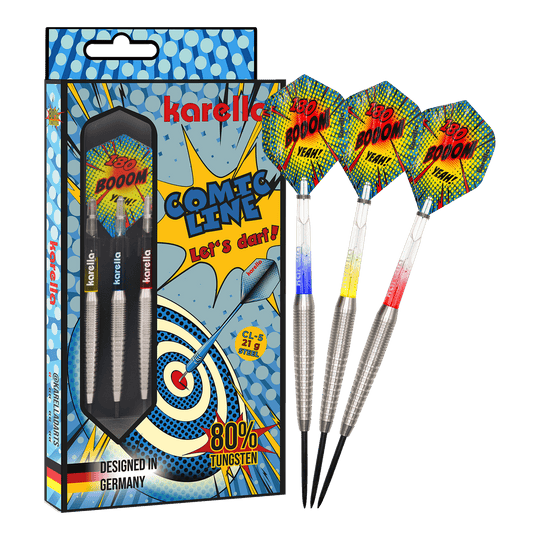 Lotki stalowe Karella Comic Line CL-5 - 21g Das Bild zeigt die Karella Comic Line CL-5 Steeldarts - 21g. Es handelt sich um ein Set moderner Steeldarts mit auffälligem Design.