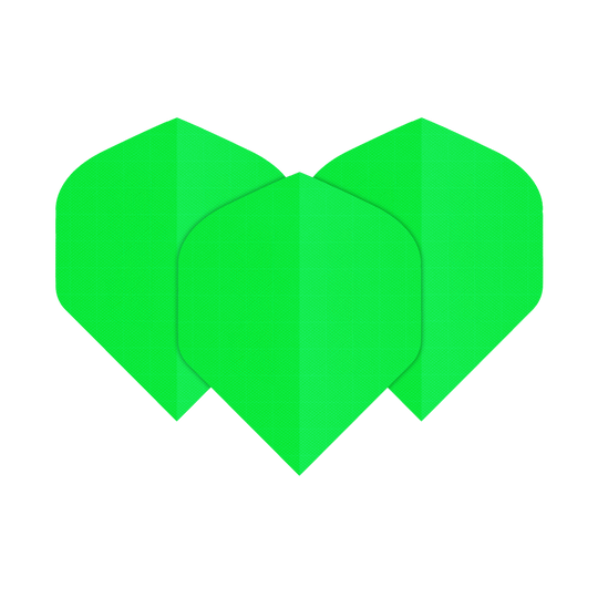 Nylonowe lotki N5 - Standard - Neonowa zieleń Das Bild zeigt drei neongrüne Nylon-Stoff Flights in der Form N5. Sie sind nebeneinander angeordnet und leuchten auffällig.