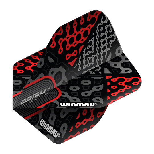 Das Bild zeigt die Winmau Prism Delta Cypher No2 Standard Flights für Darts. Die Flights haben ein auffälliges Muster in Schwarz, Rot und Grau mit dem Winmau-Logo.