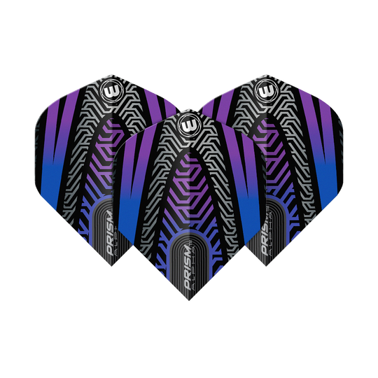 Das Bild zeigt drei Dart-Flights des Modells "Winmau Prism Alpha Schwarz Blau No2 Standard Flights". Die Flights sind schwarz mit blauen und lilafarbenen Mustern sowie silbernen Akzenten gestaltet.
