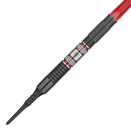 Miękkie lotki Target Gabriel Clemens 95K - 19g Das Bild zeigt einen Target Gabriel Clemens 95K Softdart mit einem Gewicht von 19 Gramm. Der Dart hat ein auffälliges Design mit silbernen, schwarzen und roten Elementen.