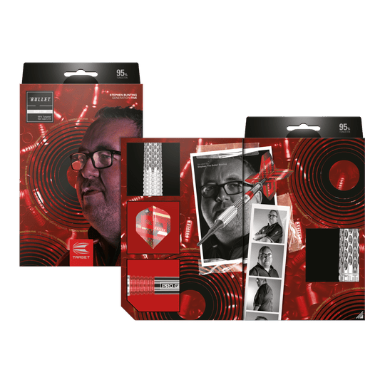 Lotki miękkie Target Stephen Bunting GEN5 - 18 g Auf dem Bild ist die Verpackung der "Target Stephen Bunting GEN5 Softdarts - 18g" zu sehen. Die Verpackung zeigt ein Porträt von Stephen Bunting und mehrere Produktdetails vor einem roten, auffälligen Hintergrund.
