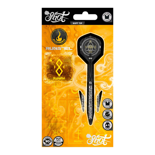 Shotki Runstel Soft Darts firmy Shot Alchemy - 20 g Das Foto zeigt die 20g Shot Alchemy Runstel Softdarts. Die Darts sind ideal für Spieler, die Wert auf Qualität legen.