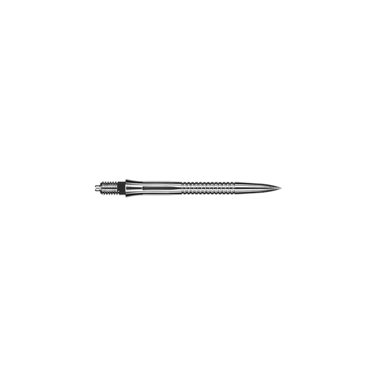 Końcówki do lotek Caliburn EZ-EVO – rowkowane – srebrne Zu sehen sind Dartspitzen mit Rillen im silbernen Design und einer Länge von 28 mm. Diese Dartspitzen sind für präzises Dartspiel gedacht.