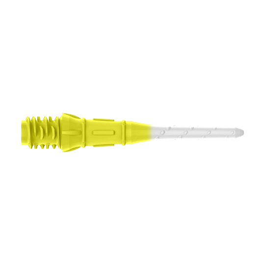 Das Bild zeigt eine zweifarbige Dartspitze mit gelbem und weißem Bereich. Der hintere Teil ist gelb, während die Spitze weiß ist.