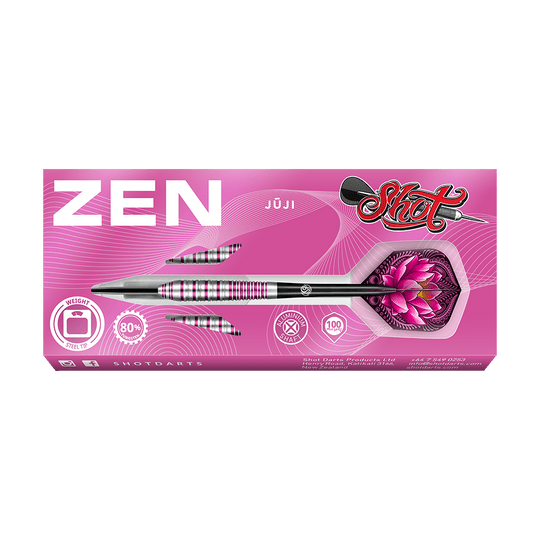 Die Verpackung zeigt einen Satz Steeldarts mit dem Namen "ZEN Jūji" in einem pinken Design. Auf der Dart-Flügel ist eine rosa Lotusblume abgebildet.