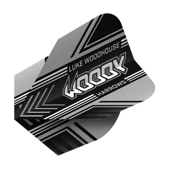 Harrows Prime Luke Woodhouse Woody No6 Flights Auf dem Bild ist ein schwarzer Dartflight mit weißen und grauen Mustern zu sehen. Der Flight trägt die Aufschrift "Luke Woodhouse WOODY Harrows".