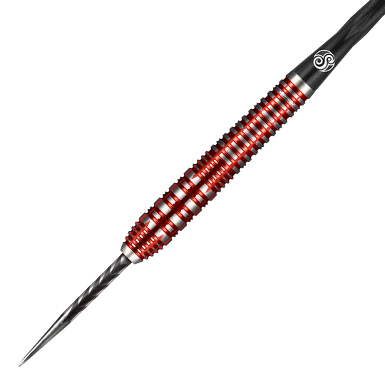 Das Bild zeigt einen Steeldart aus der Shot Collab Pro Series Charlie Murphie, 23 Gramm. Der Dart hat ein auffälliges rot-silbernes Design mit strukturierter Griffzone.