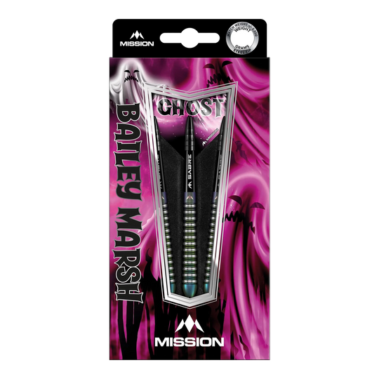 Das Bild zeigt eine Packung Mission Bailey Marsh Ghost Steeldarts mit einem Gewicht von 23 Gramm. Die Verpackung ist in auffälligen lila und schwarzen Farben gestaltet und zeigt drei Darts.