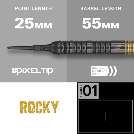 Target Josh Rock Brass Soft Darts - 18g Das Bild zeigt den Target Josh Rock Brass Softdart mit einer Spitzenlänge von 25 mm und einer Barrellänge von 55 mm. Der Dart hat eine Pixelspitze und einen radialen Rillengriff.