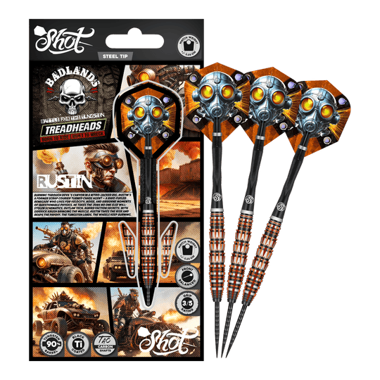 Shoty Badlands Rustin Steel Darts - 23g Das Bild präsentiert den Shot Badlands Rustin Steeldarts - 23g. Der komplette Dartpfeil ist abgebildet.