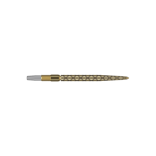 Das Bild zeigt eine goldene Dartspitze mit einem filigranen, rautenförmigen Muster. Die Spitze hat einen silbernen Ansatz und ist insgesamt schlank und länglich geformt.