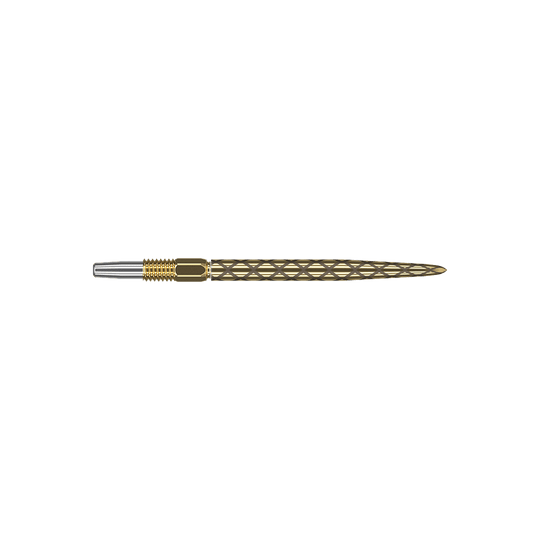 Końcówki do lotek Target Swiss Diamond Pro Gold Das Bild zeigt eine goldene Dartspitze mit einem filigranen, rautenförmigen Muster. Die Spitze hat einen silbernen Ansatz und ist insgesamt schlank und länglich geformt.