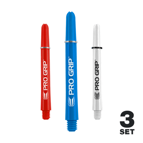 Uchwyty Target Pro Grip Shafts – 3 zestawy – czerwony, niebieski, biały Auf dem Bild sind drei Dart-Schäfte in den Farben Rot, Blau und Weiß zu sehen. Sie tragen die Aufschrift "PRO GRIP" und sind als 3er-Set dargestellt.