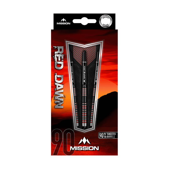 Das Bild zeigt die Verpackung der "Mission Red Dawn Model 1 Softdarts - 19g". Drei Softdarts mit schwarzen und roten Akzenten sind prominent vor einem roten Sonnenaufgangshintergrund zu sehen.