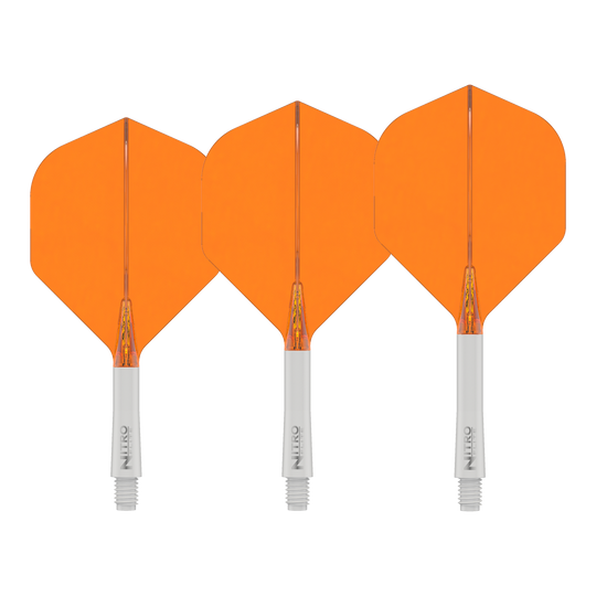 Das Bild zeigt das Produkt Red Dragon Nitroflite White Shaft Orange Flights No2. Es handelt sich um einen weißen Dart-Schaft mit orangefarbenen Flights.