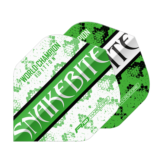 Czerwony Smok Peter Wright Ukąszenie Węża Zielono-Białe Yin Yang Standardowe Loty Das Bild zeigt zwei Dart-Flights in grün-weißem Design mit der Aufschrift "SNAKEBITE". Auf einem Flight steht zusätzlich "WORLD CHAMPION EDITION" und beide haben ein Schlangenhaut-Muster.