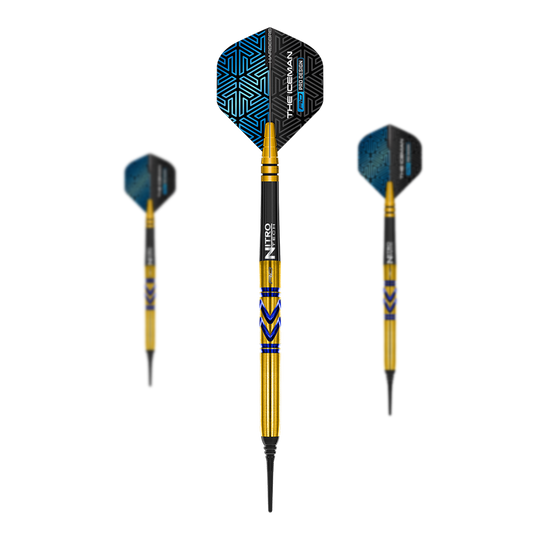 Das Bild zeigt die "Red Dragon Gerwyn Price Avalanche Gold Softdarts - 20g". Die Darts haben einen goldenen Schaft mit blauen Akzenten und schwarze Flights mit blauem Muster.