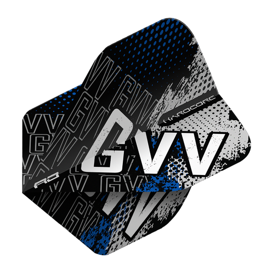 Das Bild zeigt ein Dart-Flight mit dem Aufdruck "GVV" in einem modernen, blauen und schwarzen Design. Es handelt sich um das Produkt "Red Dragon Hardcore Gian Van Veen Blue Premium No2 Standard Flights".