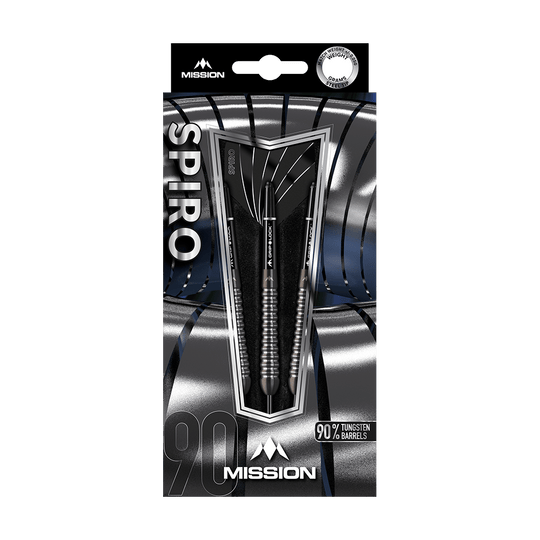 Das Bild zeigt eine Verpackung der Mission Spiro Model 2 Steeldarts mit einem Gewicht von 22 Gramm. Die Pfeile bestehen zu 90 % aus Tungsten und sind elegant in einer silber-schwarzen Box präsentiert.