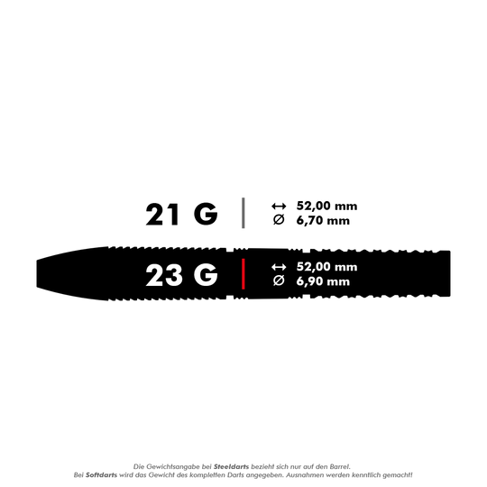 Stalowe lotki Target Gabriel Clemens GEN2 Swiss Point Das Bild zeigt die Spezifikationen von zwei Steeldarts mit 21 Gramm und 23 Gramm Gewicht. Beide Darts sind 52,00 mm lang, aber der Durchmesser beträgt 6,70 mm bzw. 6,90 mm.