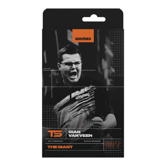 Miękkie rzutki Winmau Gian Van Veen TS - 18g Abgebildet sind Winmau Gian Van Veen TS Softdarts, 18g. Die Darts sind einzeln aufgereiht zu sehen.