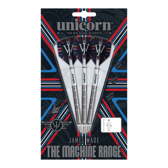Unicorn James Wade The Machine Range Phase 4 Steeldarts Das Bild zeigt eine Packung Steeldarts der Marke "Unicorn" aus der James Wade The Machine Range Phase 4. Die drei silbernen Darts sind in einer auffällig gestalteten Verpackung mit roten, blauen und weißen Akzenten präsentiert.