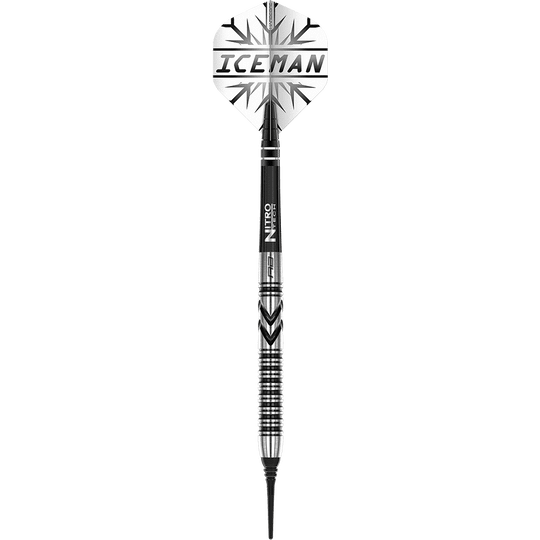 RD2471_Red_Dragon_Gerwyn_Price_Thunderbolt_Softdarts_1G5iaEOD4p8eDn Das Bild zeigt einen Red Dragon Gerwyn Price Thunderbolt Softdart mit 20 Gramm Gewicht. Auf dem Dart steht "ICEMAN" und er hat ein silber-schwarzes Design.
