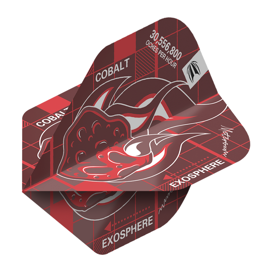 Das Bild zeigt die Target Blueprint Pro Red No2 Standard Flights mit einem roten und schwarzen Grafikdesign. Auf den Flights sind die Wörter "COBALT" und "EXOSPHERE" sowie eine dynamische Illustration abgebildet.